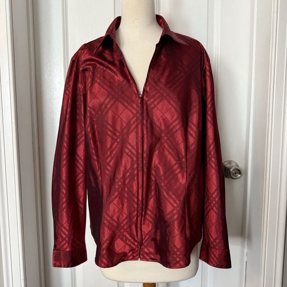 Coldwater Creek Red Zip Front Blouse PXL Plaid Collar Holiday Christmas Shiny